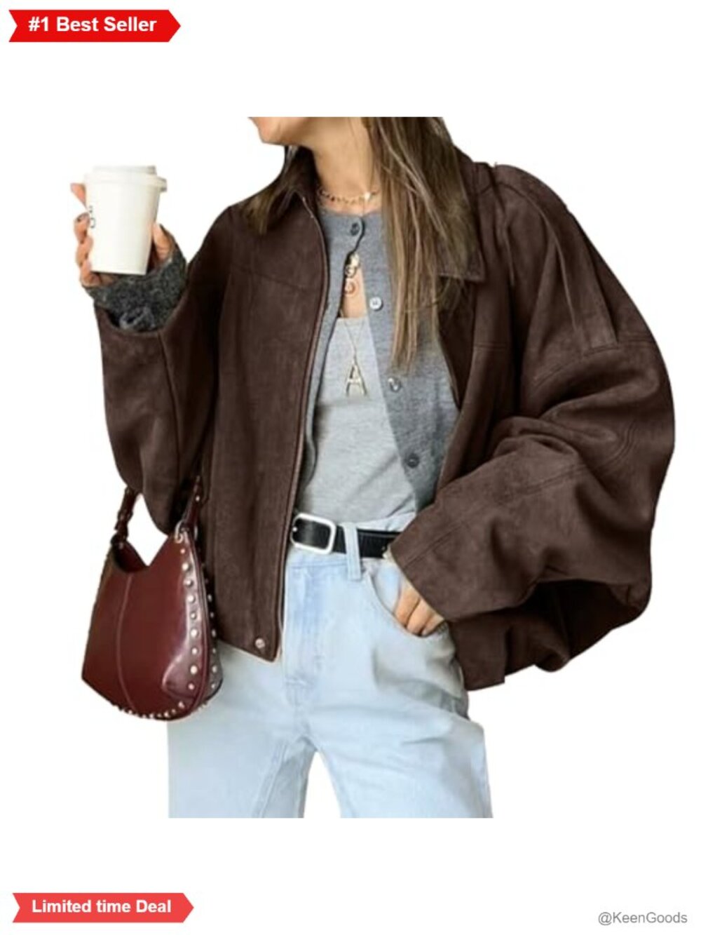 Faux Suede Bomber Jacket Zip Loose Fit Casual Y2K Outerwear
